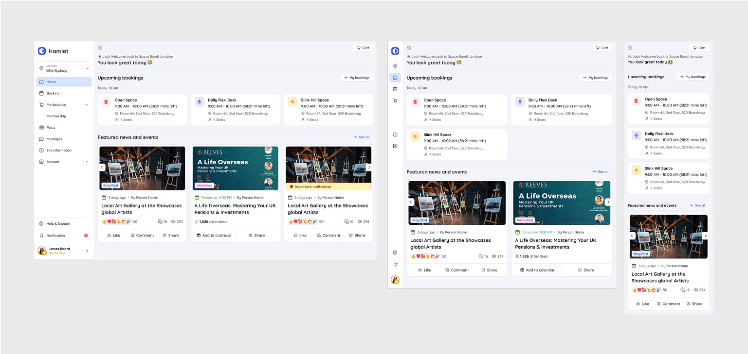 Responsive dashboard showing bookings and news across breakpoints