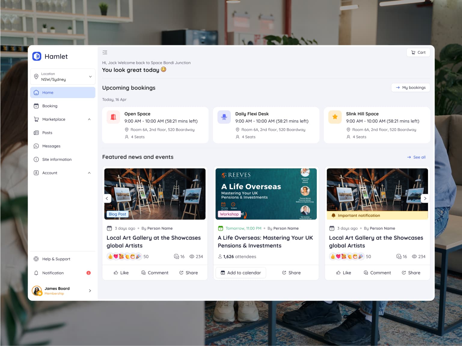 Hamlet admin dashboard with upcoming bookings