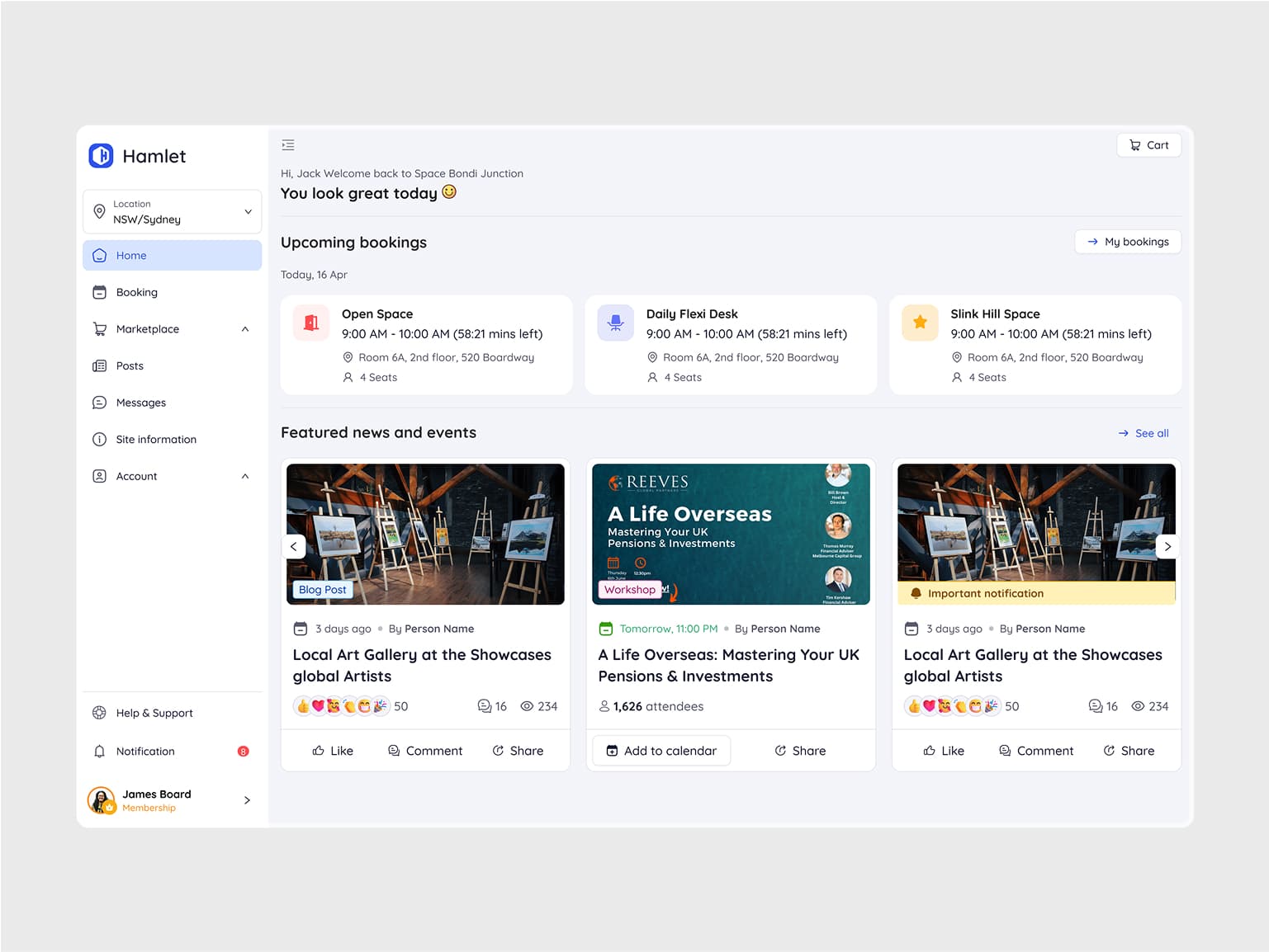 Admin dashboard showing upcoming bookings and featured workspace news
