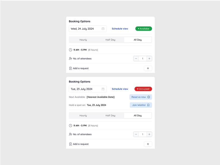 Booking options cards comparing available and occupied time slots