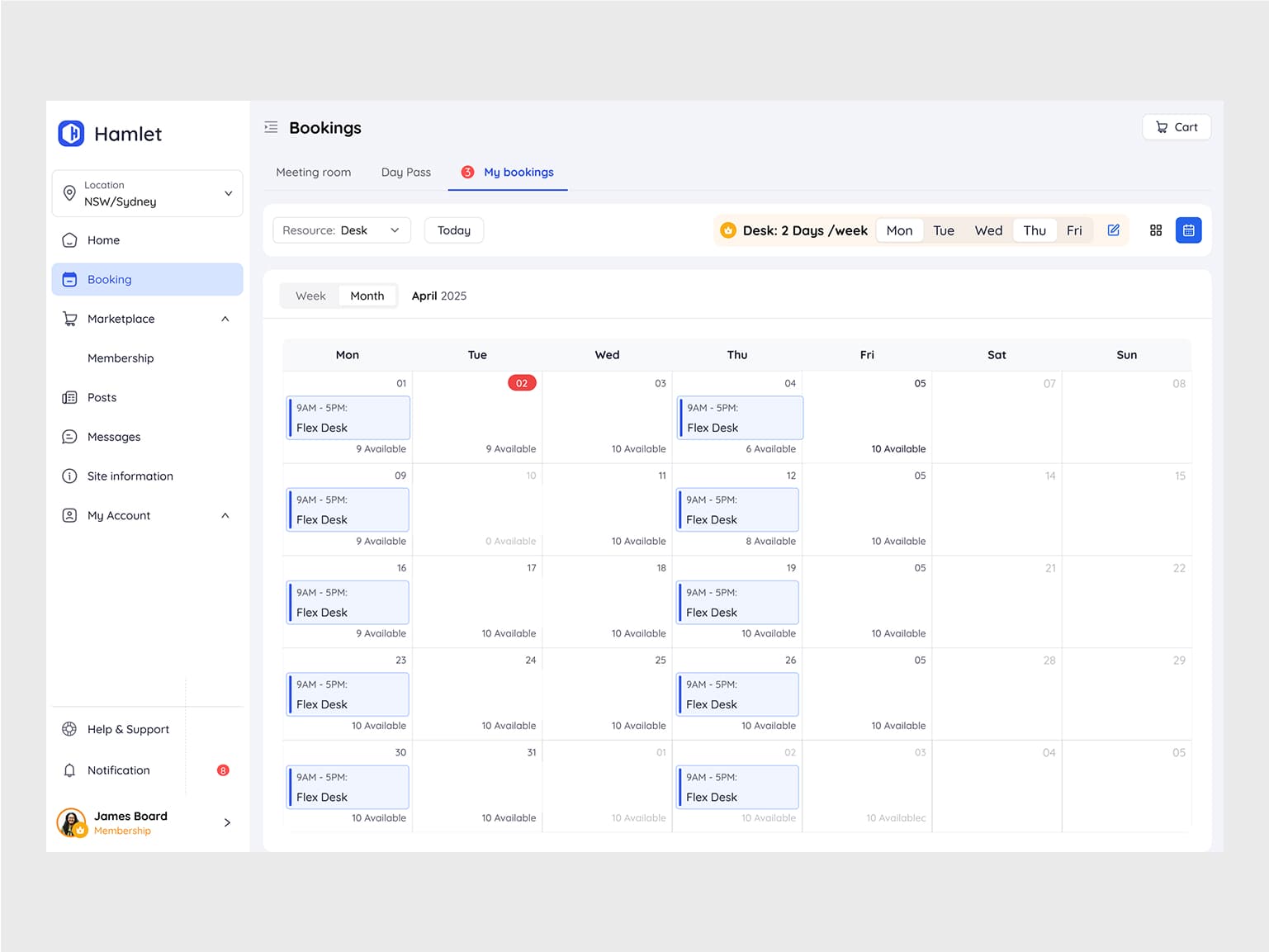 Monthly calendar view showing recurring flex desk reservations
