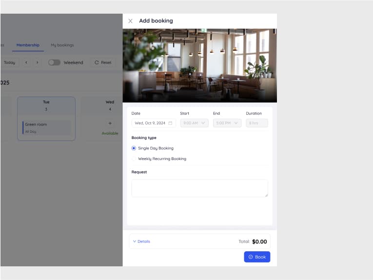 Add booking modal for single day reservation with details form