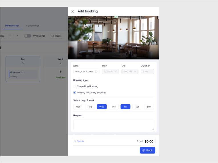Add booking modal configuring weekly recurring reservation