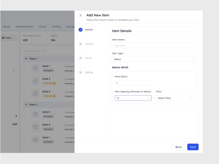 Add new item wizard step emphasizing floor selection and capacity fields
