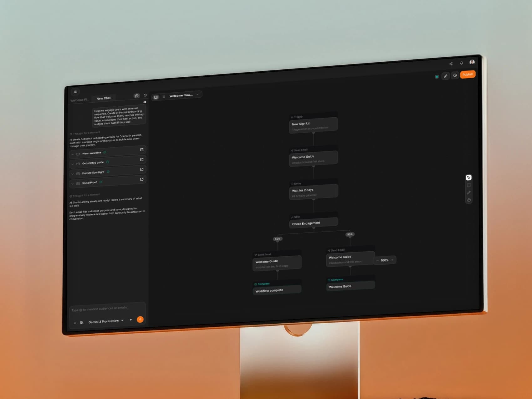 Brew AI automation workspace displayed on a desktop monitor