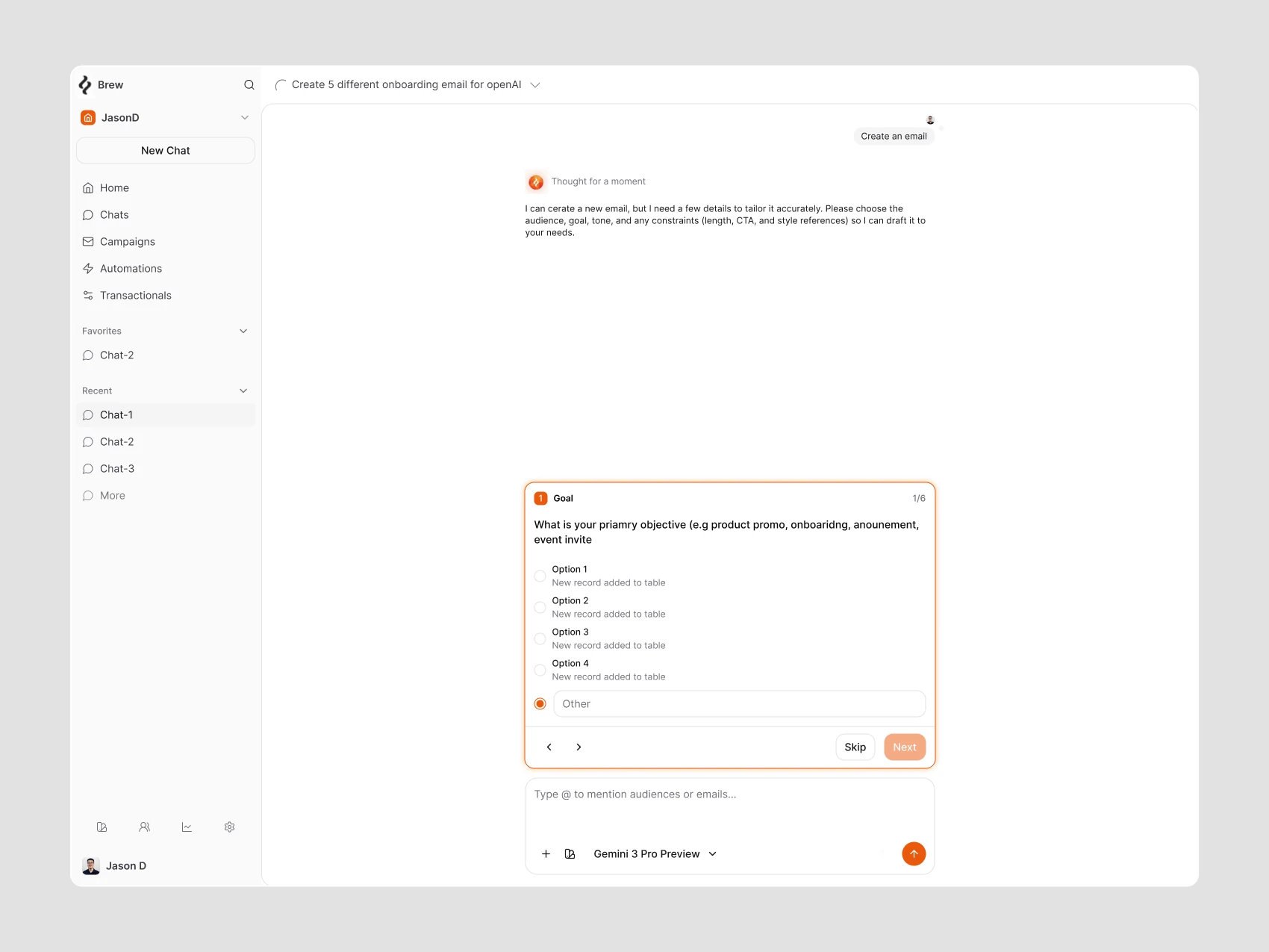 Brew AI Chat — Email Brief - Goal Selection — Light