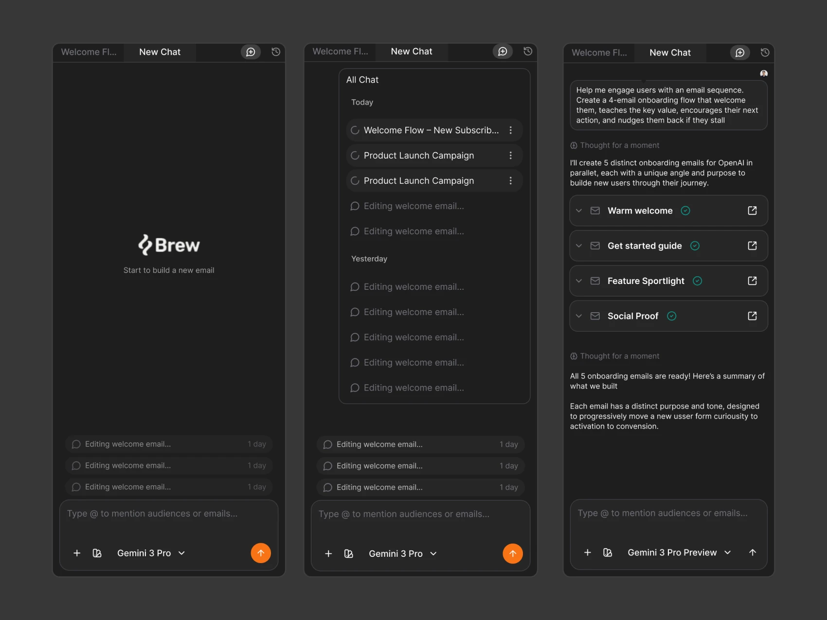 Brew AI Chat — Start, History and Generated Emails — Dark
