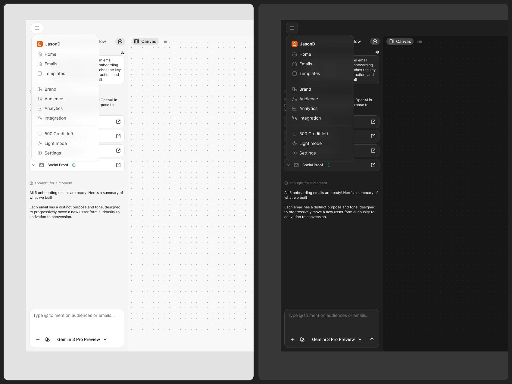 Brew AI Chat — Expanded Navigation — Light and Dark