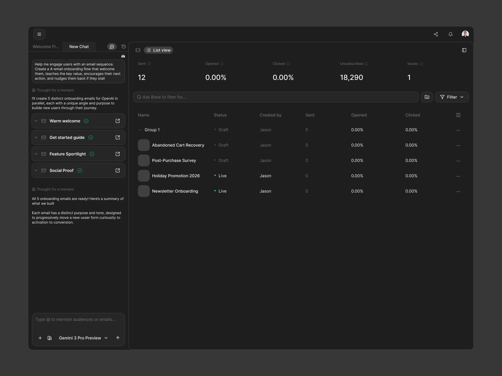 Brew Campaign — Email List with AI Chat — Dark