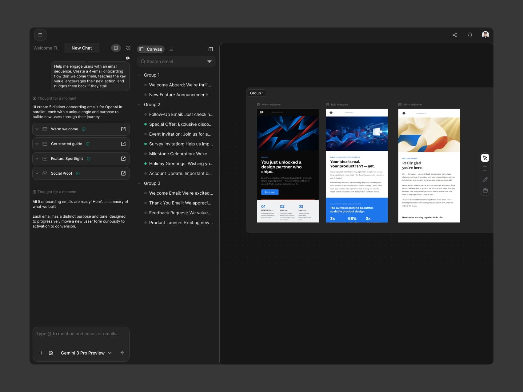 Brew Campaign — Email Canvas with AI Chat — Dark