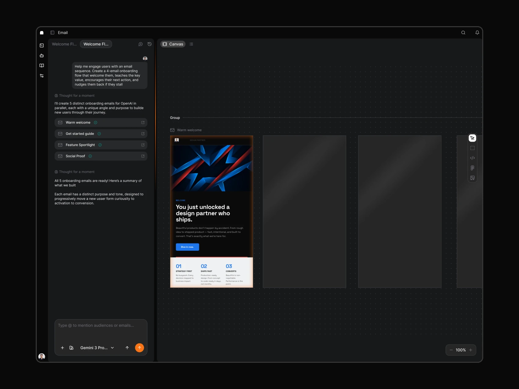Brew Campaign — Email Canvas - Generation in Progress — Dark