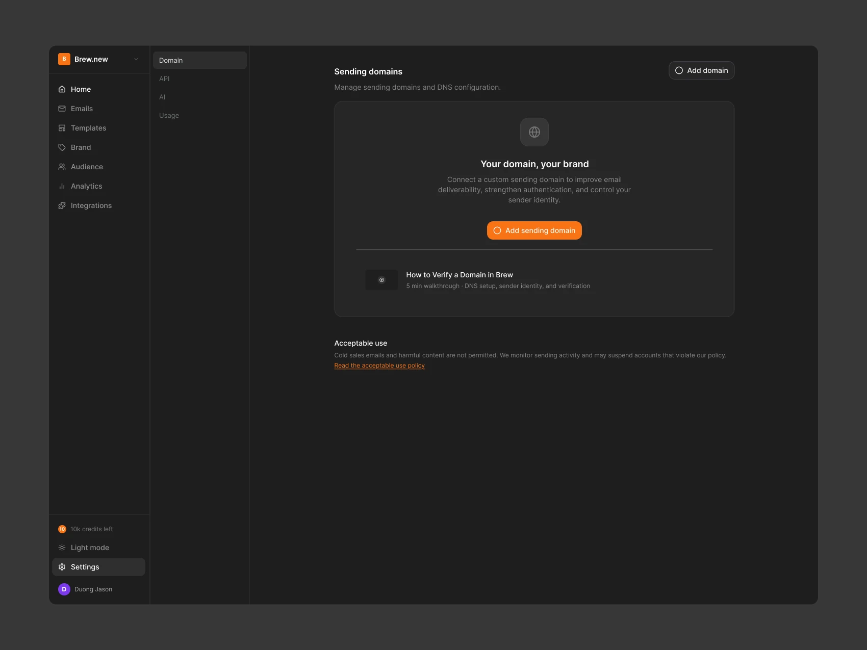 Brew Domain — Sending Domains - Empty State — Dark — Audit Reference