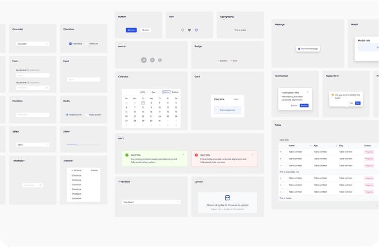 Design system board showcasing Hamlet themed components and patterns
