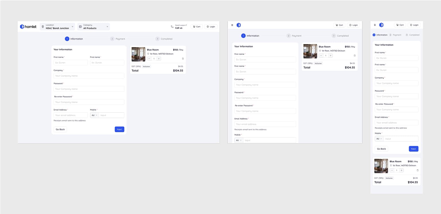 Responsive checkout screens displayed across desktop tablet and mobile layouts