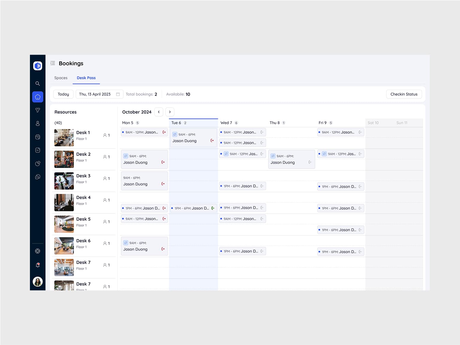 Admin scheduling calendar displaying desk reservations across weekdays