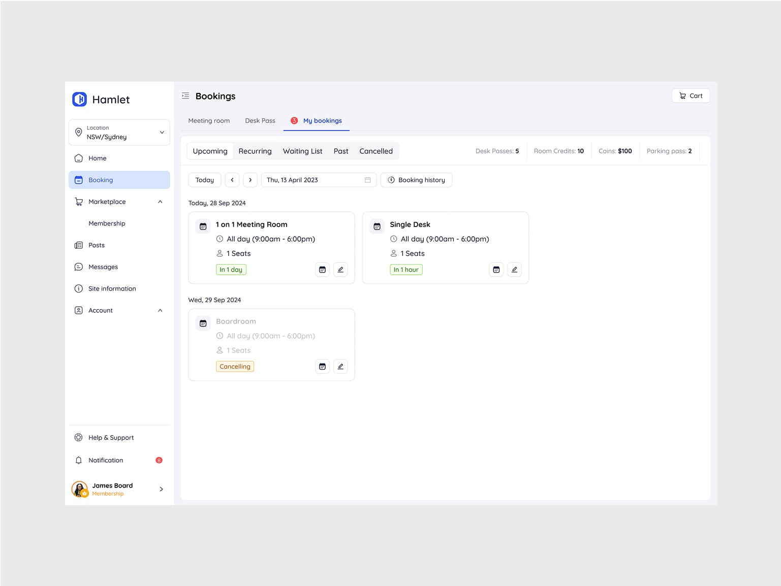 Member portal listing upcoming bookings with resource cards