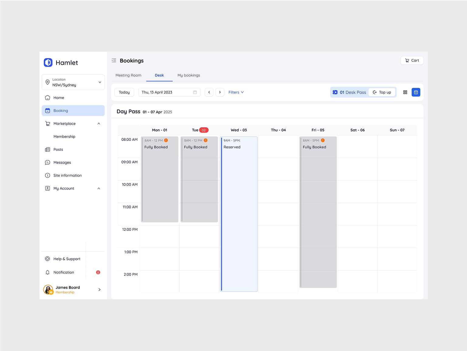Desk booking day view calendar highlighting reserved slots