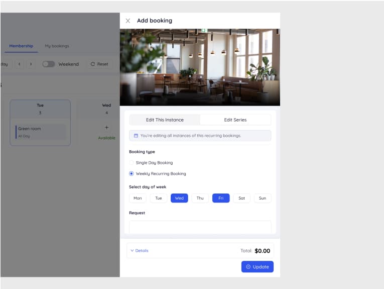 Edit entire recurring booking series with weekday selections