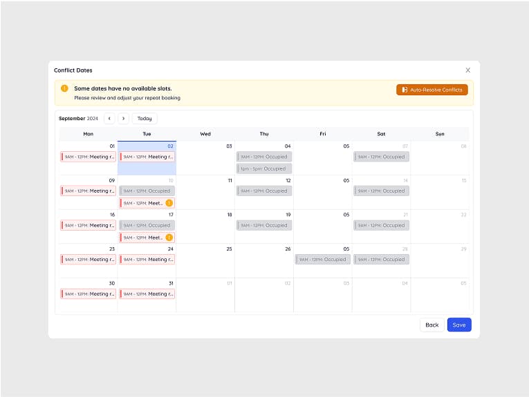 Conflict detection calendar highlighting fully booked dates in red