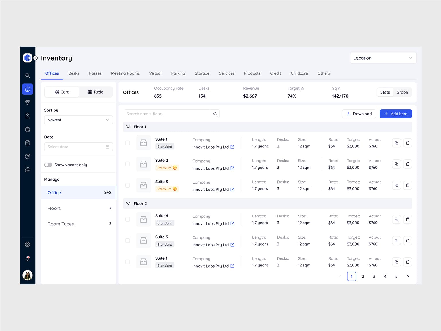Inventory dashboard listing office suites with occupancy metrics