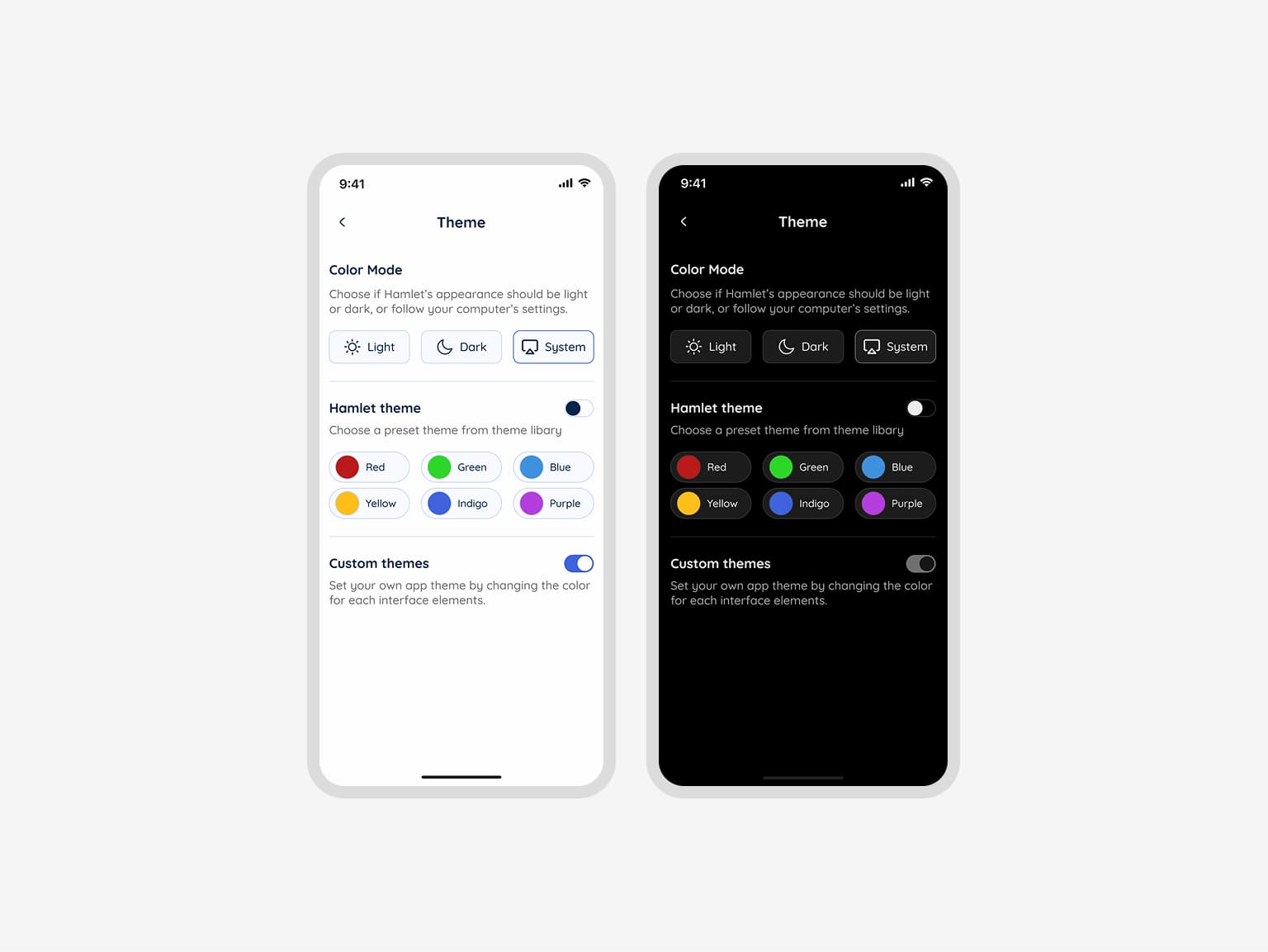 Theme selection interface showing dark and light mode options
