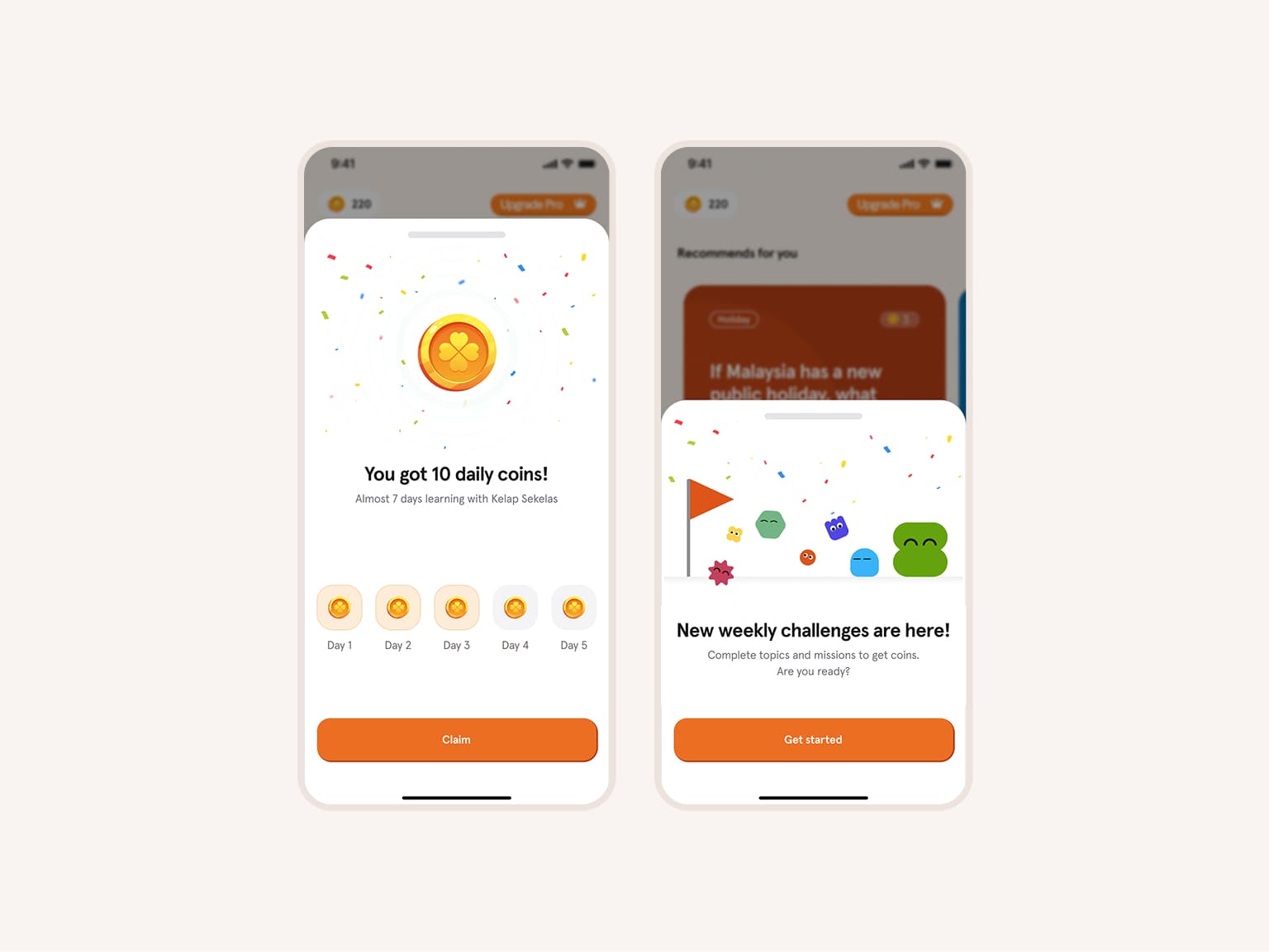 Reward screen showing coins earned and redeem options