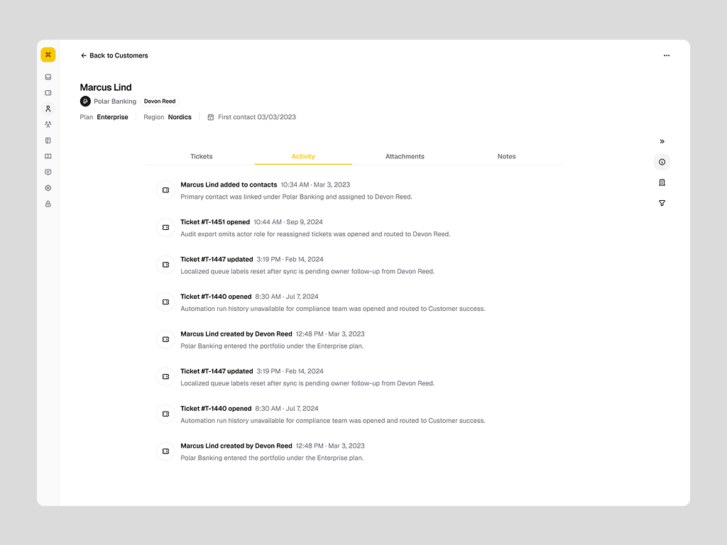 Full customer activity timeline in the original padded composition