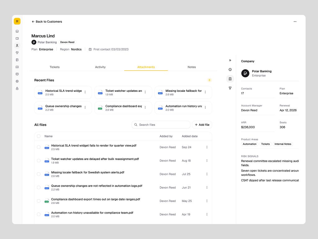 Customer attachments and account context in the original padded composition