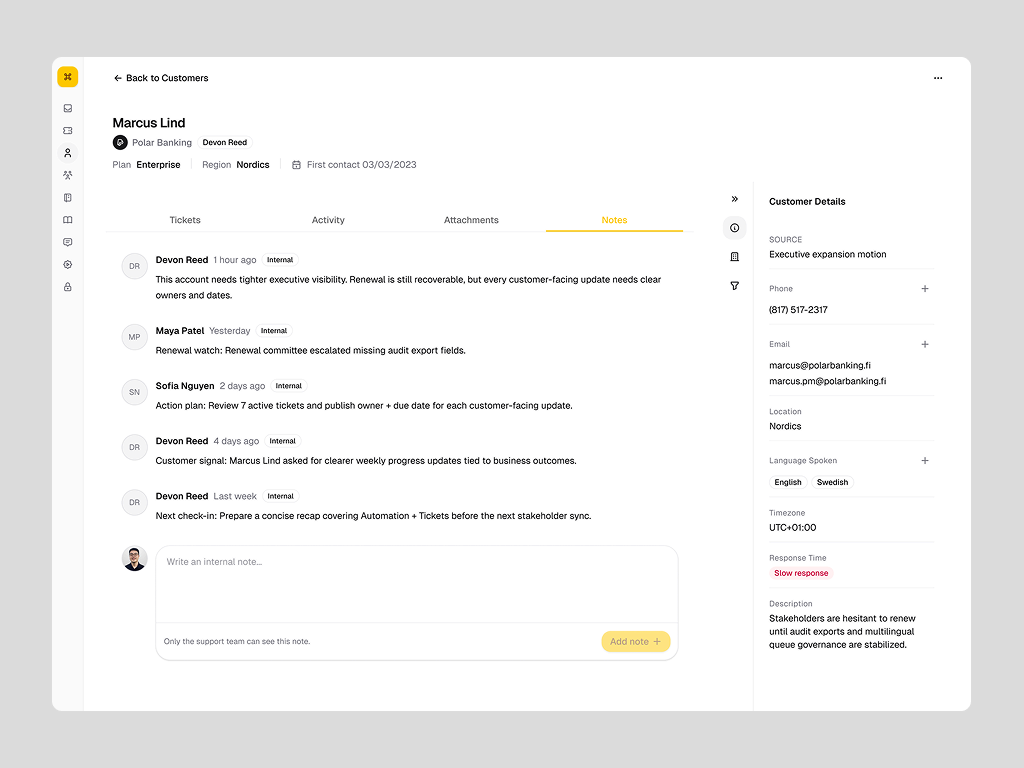 Internal customer notes and composer in the original padded composition