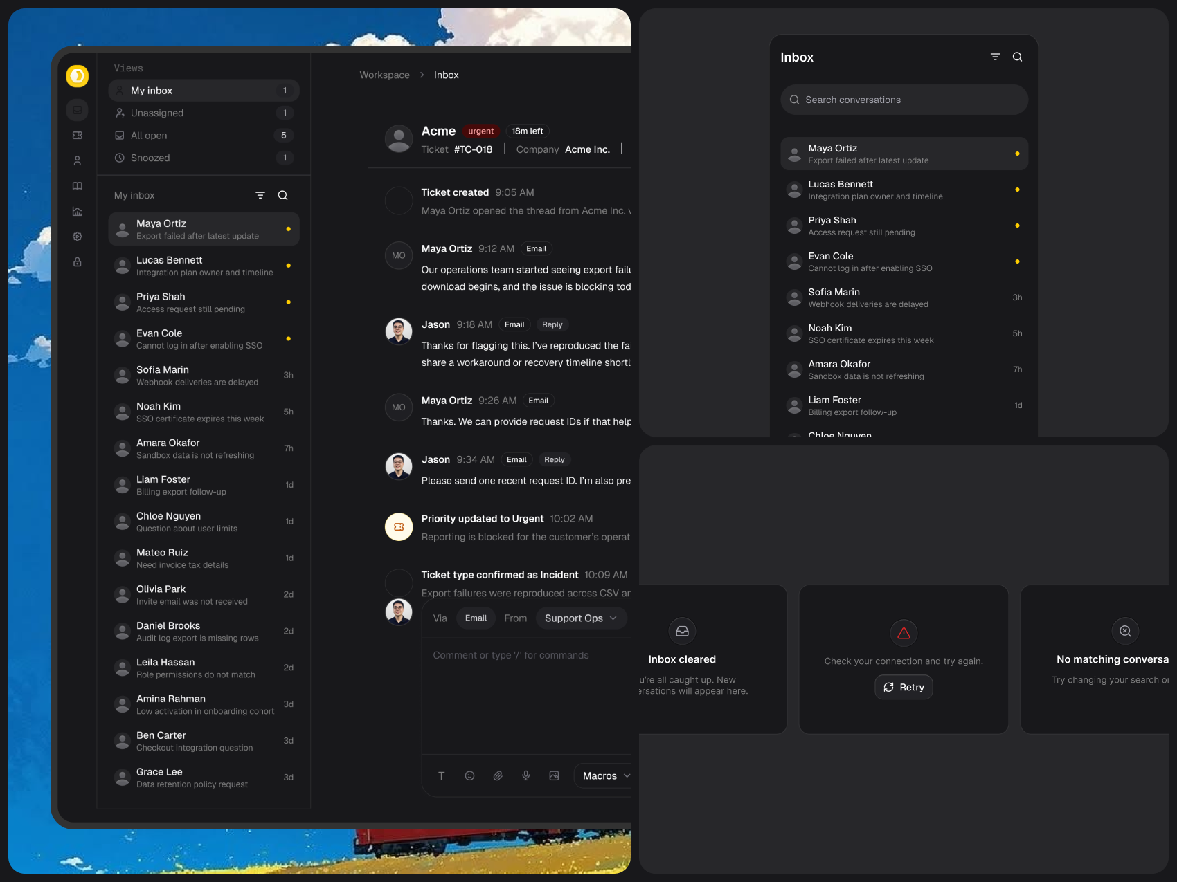 Original dark inbox composition with the conversation workspace, components, and background