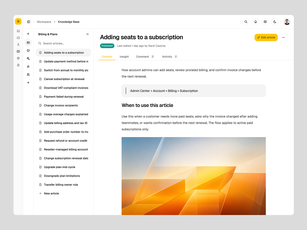 Full knowledge workspace and article in the original padded composition