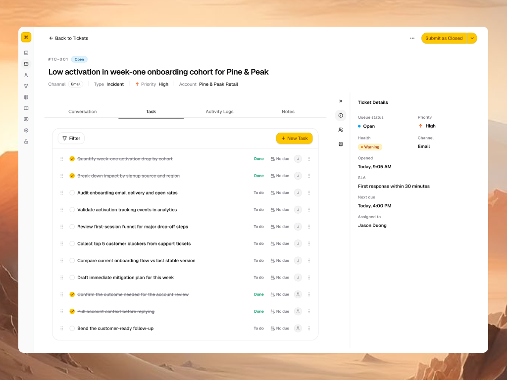 Ticket tasks and completion states in the original padded social-post composition