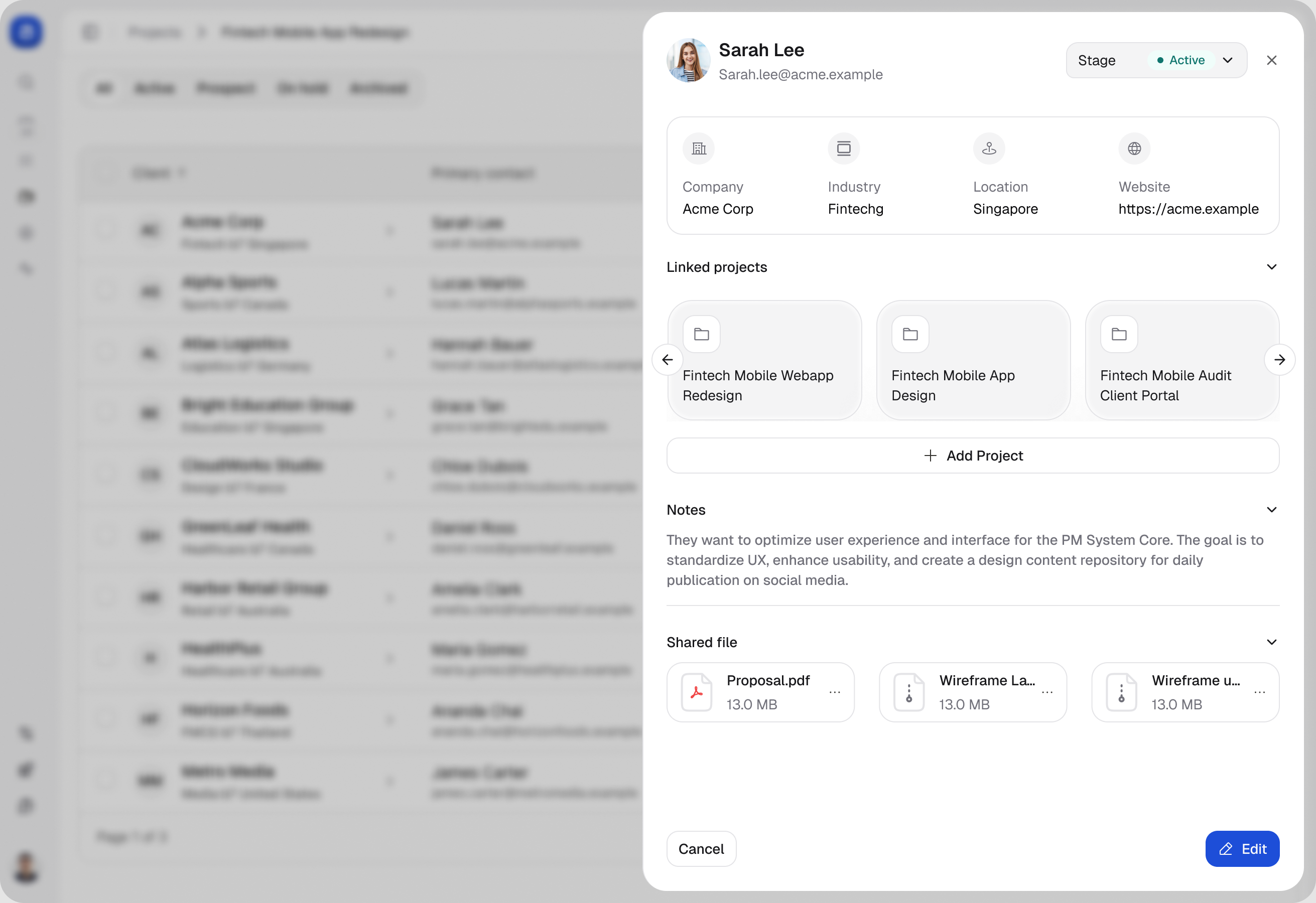 Client directory with the Sarah Lee detail panel open, showing company information, notes, and linked project cards