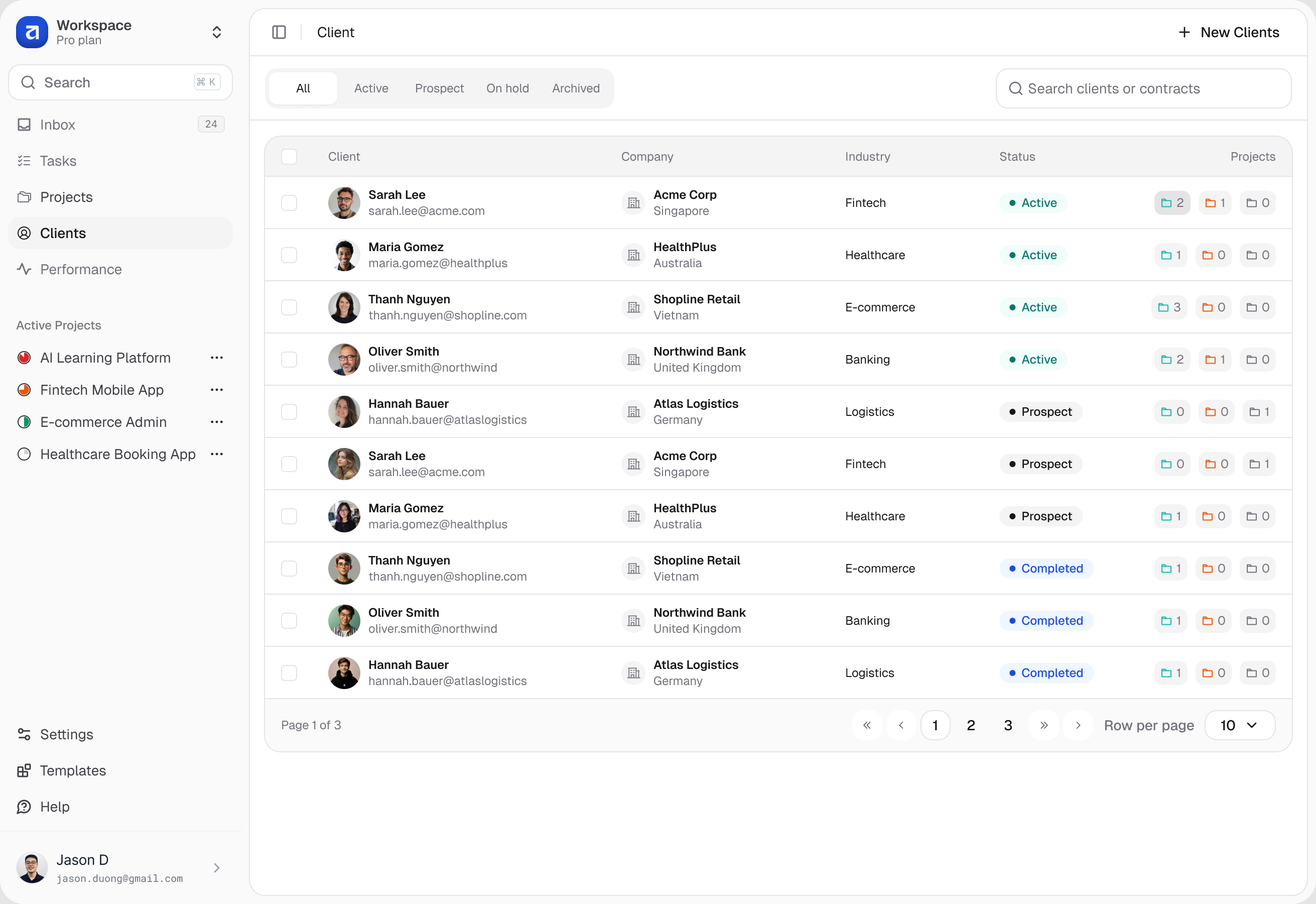 Sample client directory with company, industry, relationship status, and linked project counts