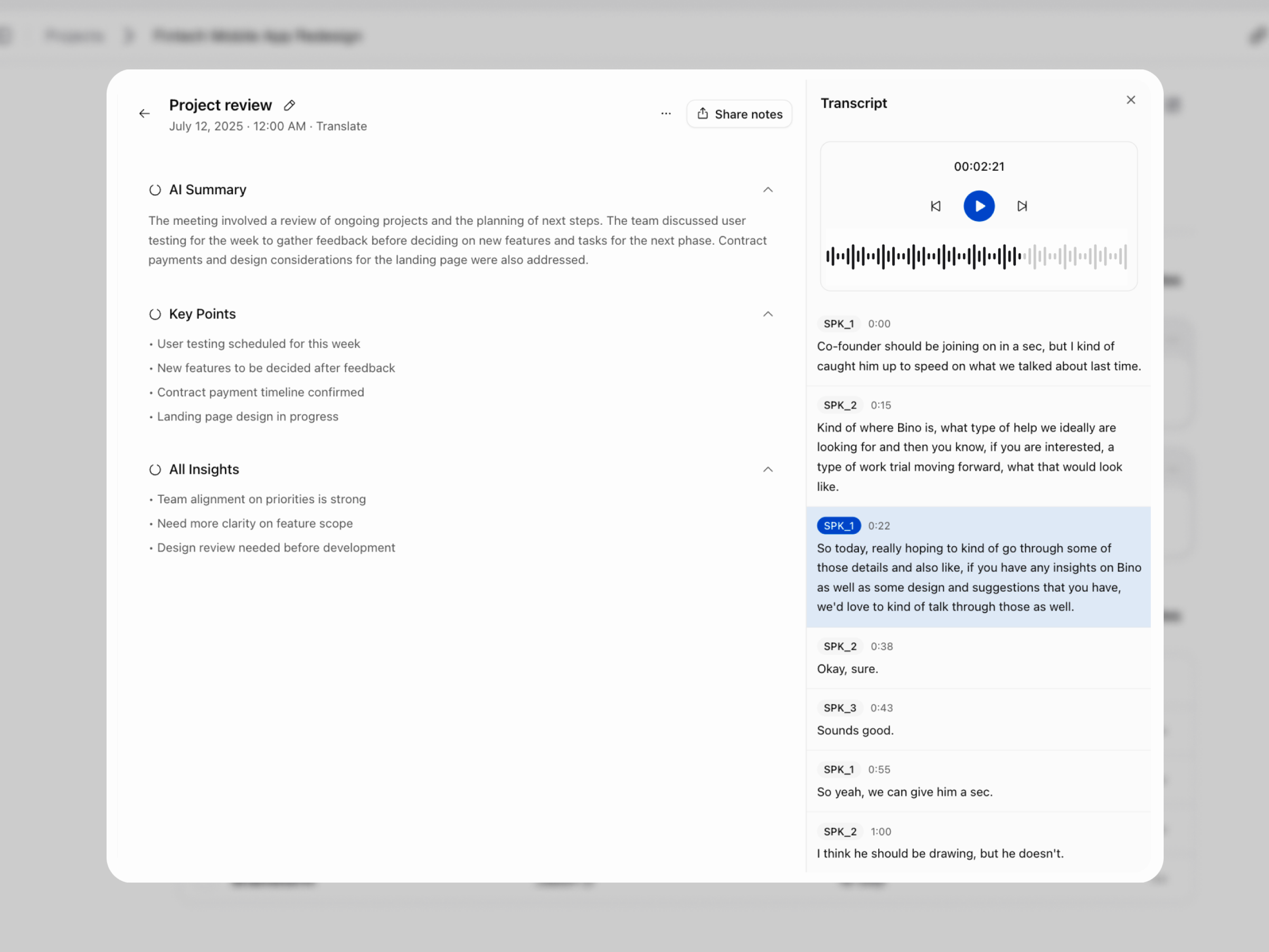 Project note preview with a sample summary, key points, and an adjacent transcript panel