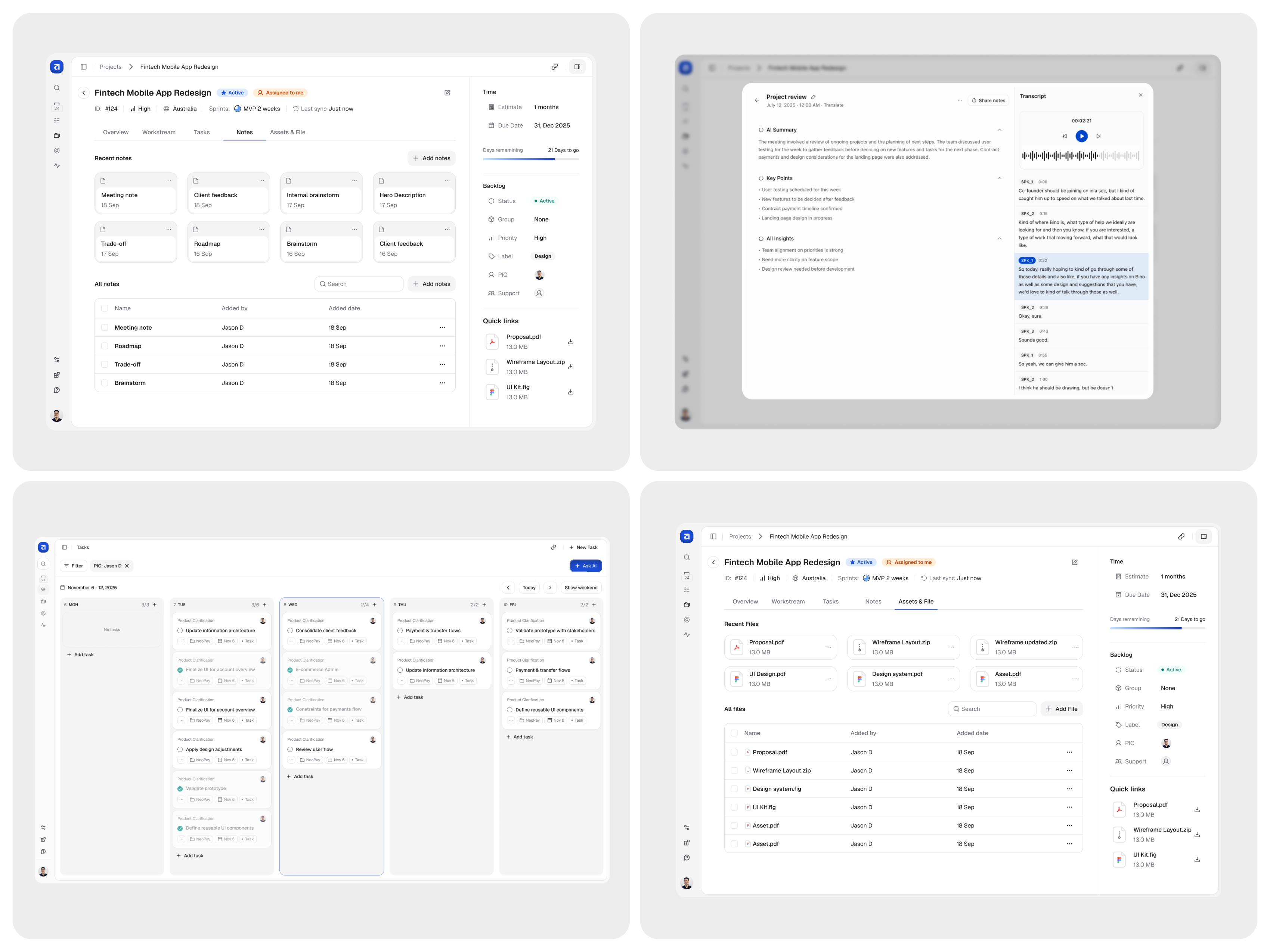 Archived Project Tools montage showing notes, a sample note preview, a task board, and project files