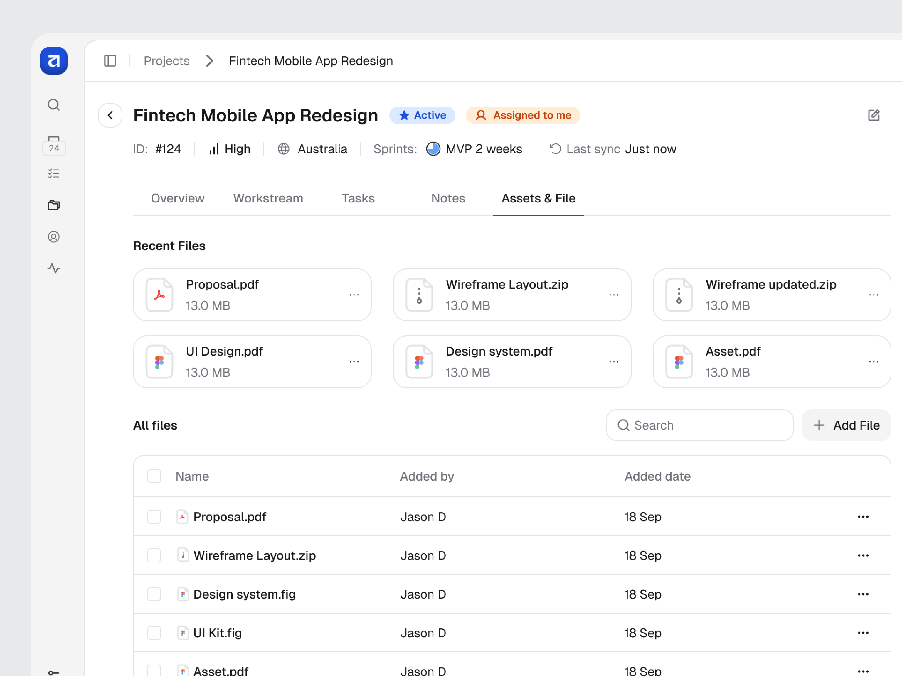 Project Assets and Files tab with recent files, file search, and a document list