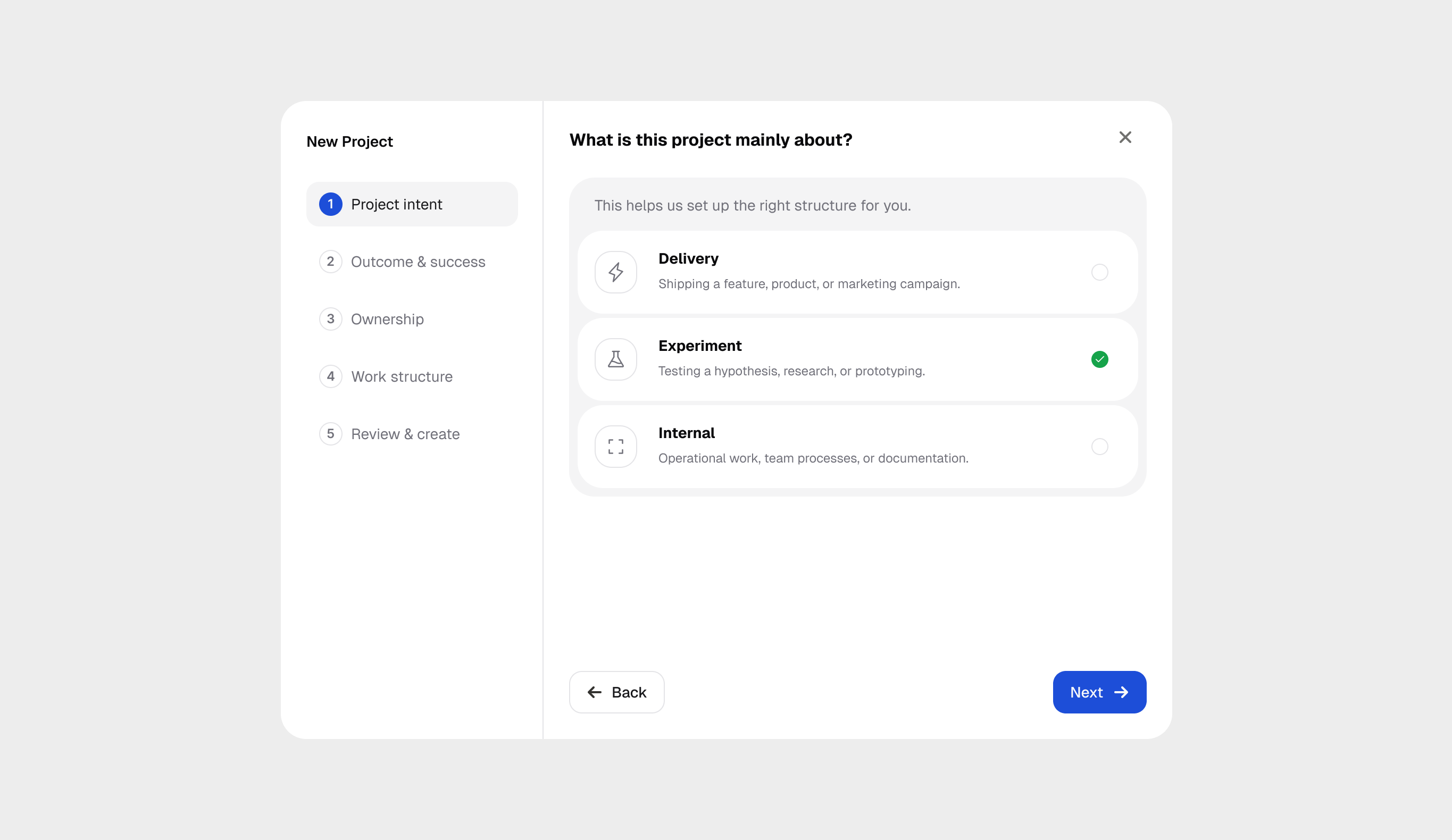 Project intent step offering Delivery, Experiment, and Internal project types