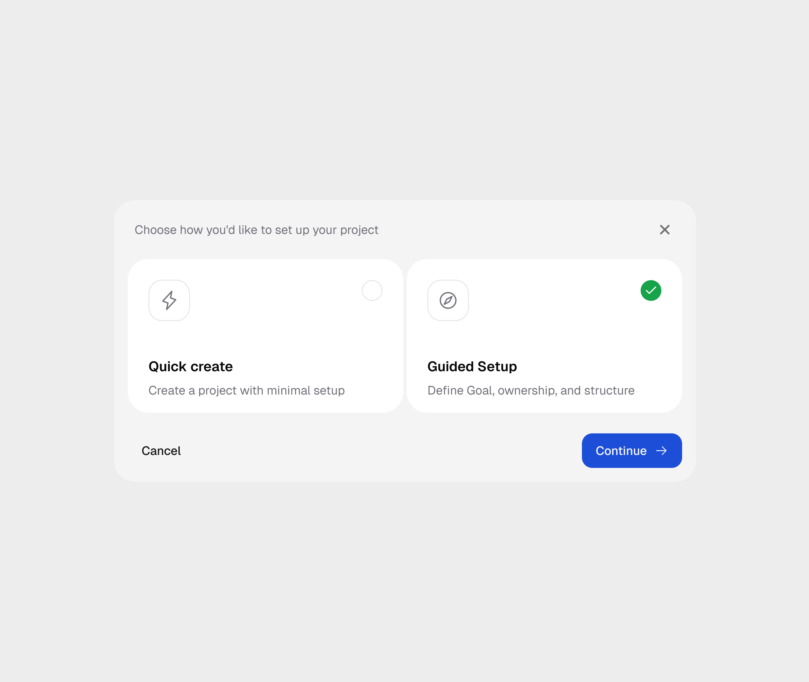 Quick create and Guided Setup choices at the beginning of a new project